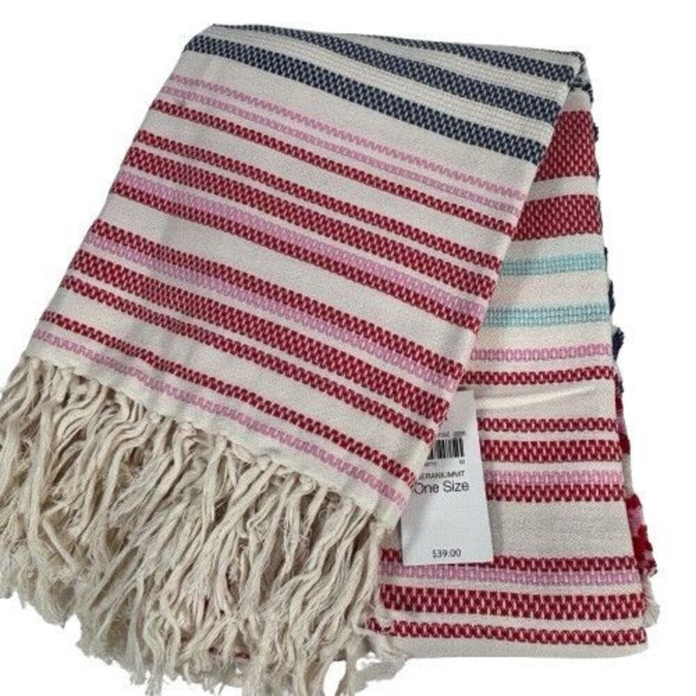 New J. Jill Tasseled Cotton Oversize Striped Blanket Shawl Throw Fringe 70 X 48"